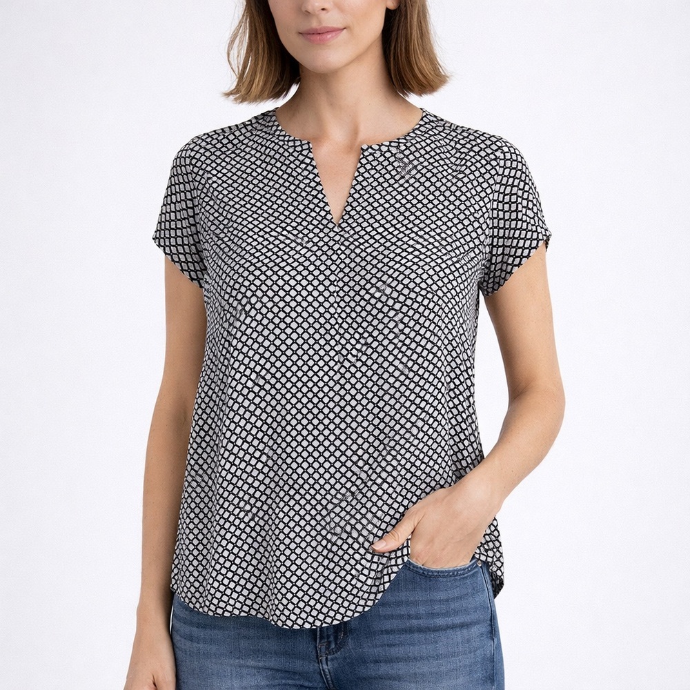Pleione Geo Print Split Neck Blouse Large Black White Career Office Top - Picture 8 of 8